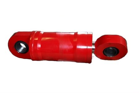 Cilindro oleodinamico a doppio effetto con attacchi a cerniera e verniciatura rossa per applicazioni industriali.