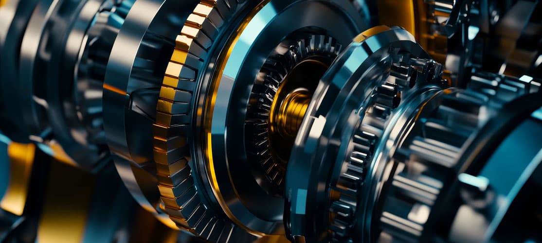 Dettaglio ravvicinato di ingranaggi meccanici di precisione in acciaio e oro per turbine idroelettriche Stucchi Hydropower.