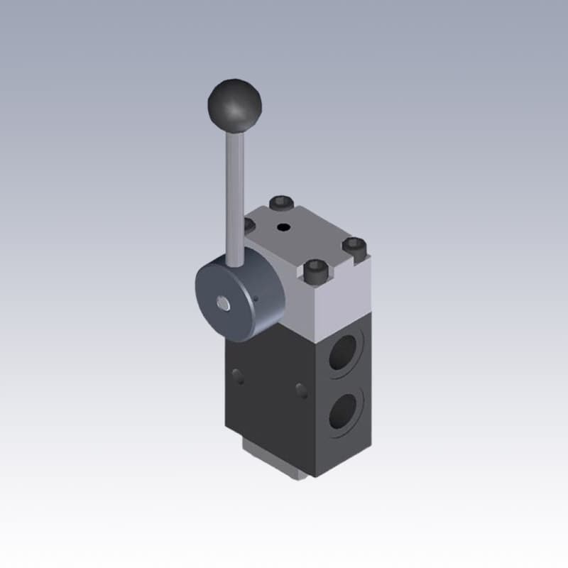 Distributore manuale idraulico in rendering 3D con azionamento a leva per il controllo della direzione del flusso.