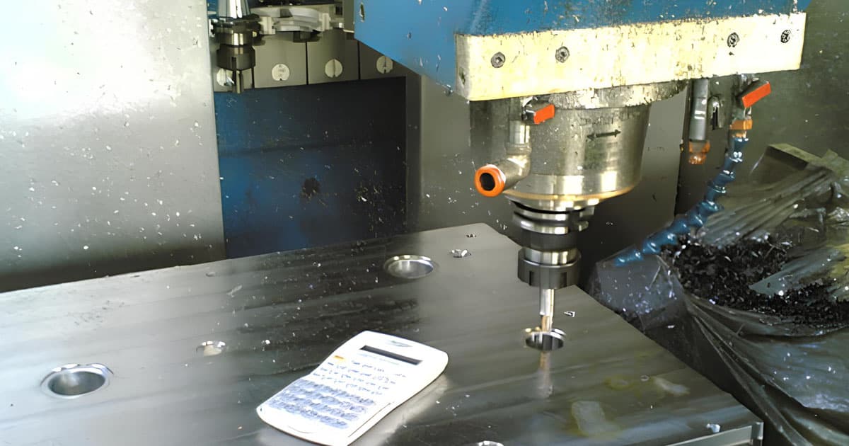 Lavorazione meccanica di precisione su un blocco idraulico in acciaio con centro di lavoro CNC e calcolatrice tecnica per il controllo delle quote.